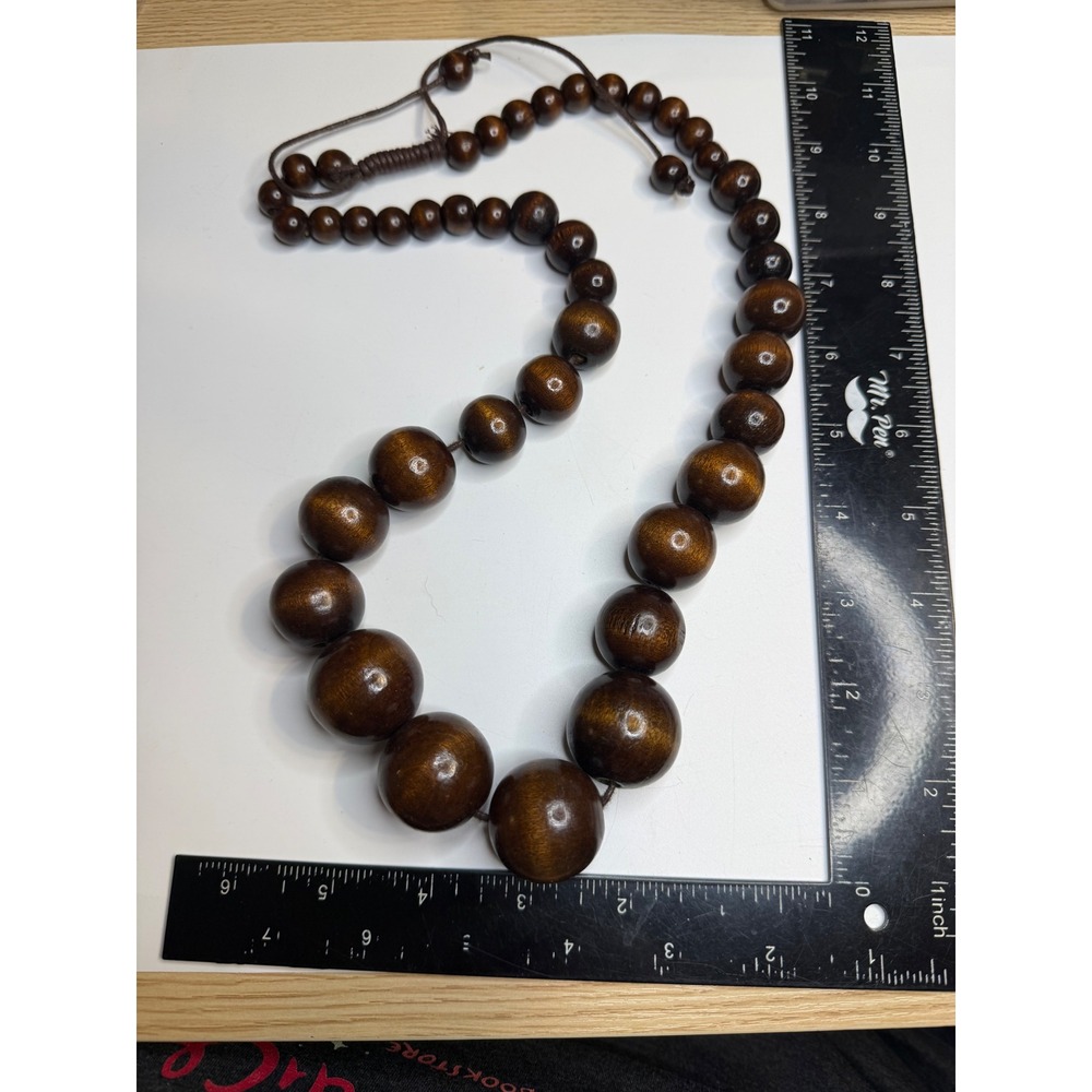 Chunky Brown Wood Bead Statement Necklace Graduated Adjustable Boho Earthy